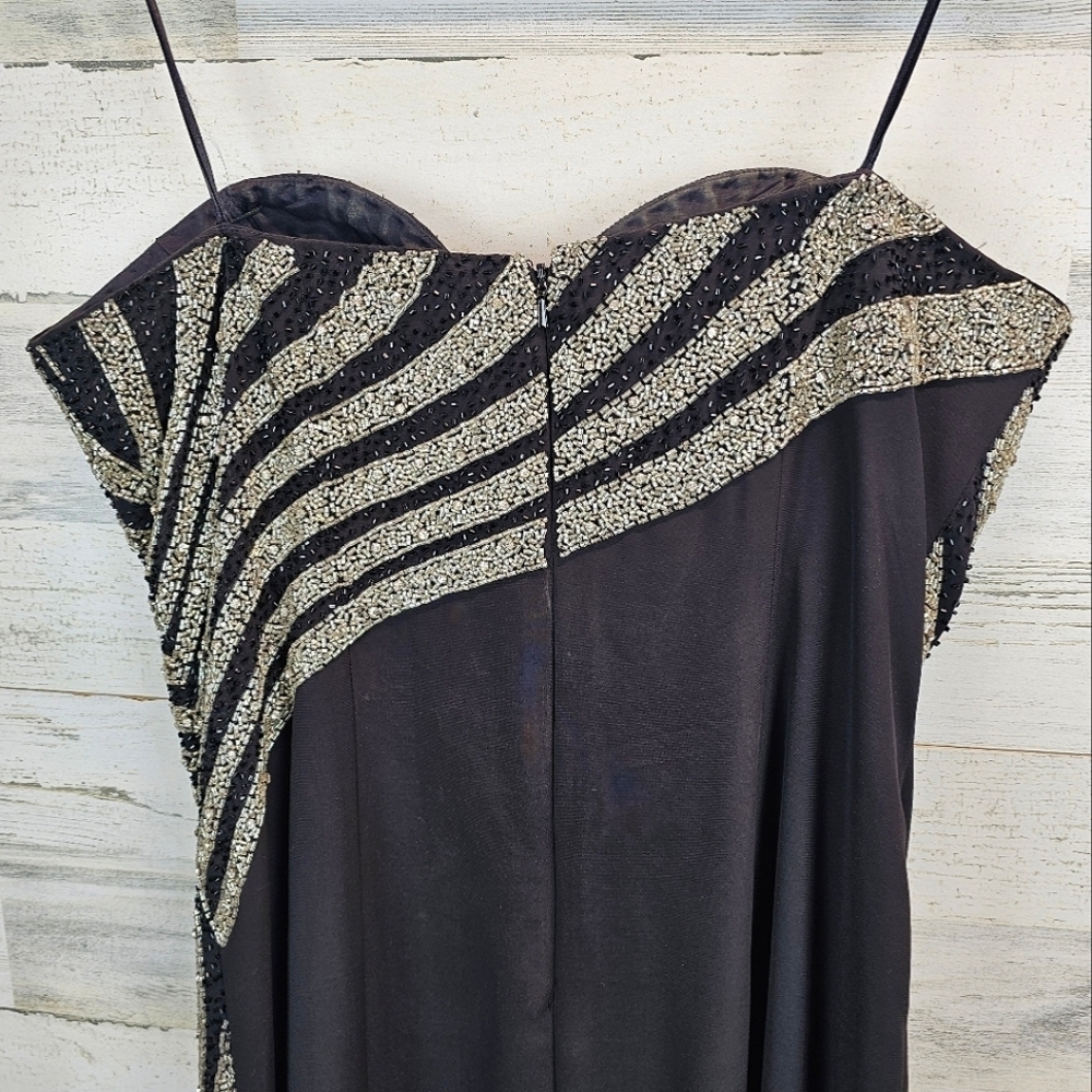 VTG Cassandra Stone Elegant Black Silver Beaded Evening Dress Side Slit Sz 12 - Picture 10 of 14